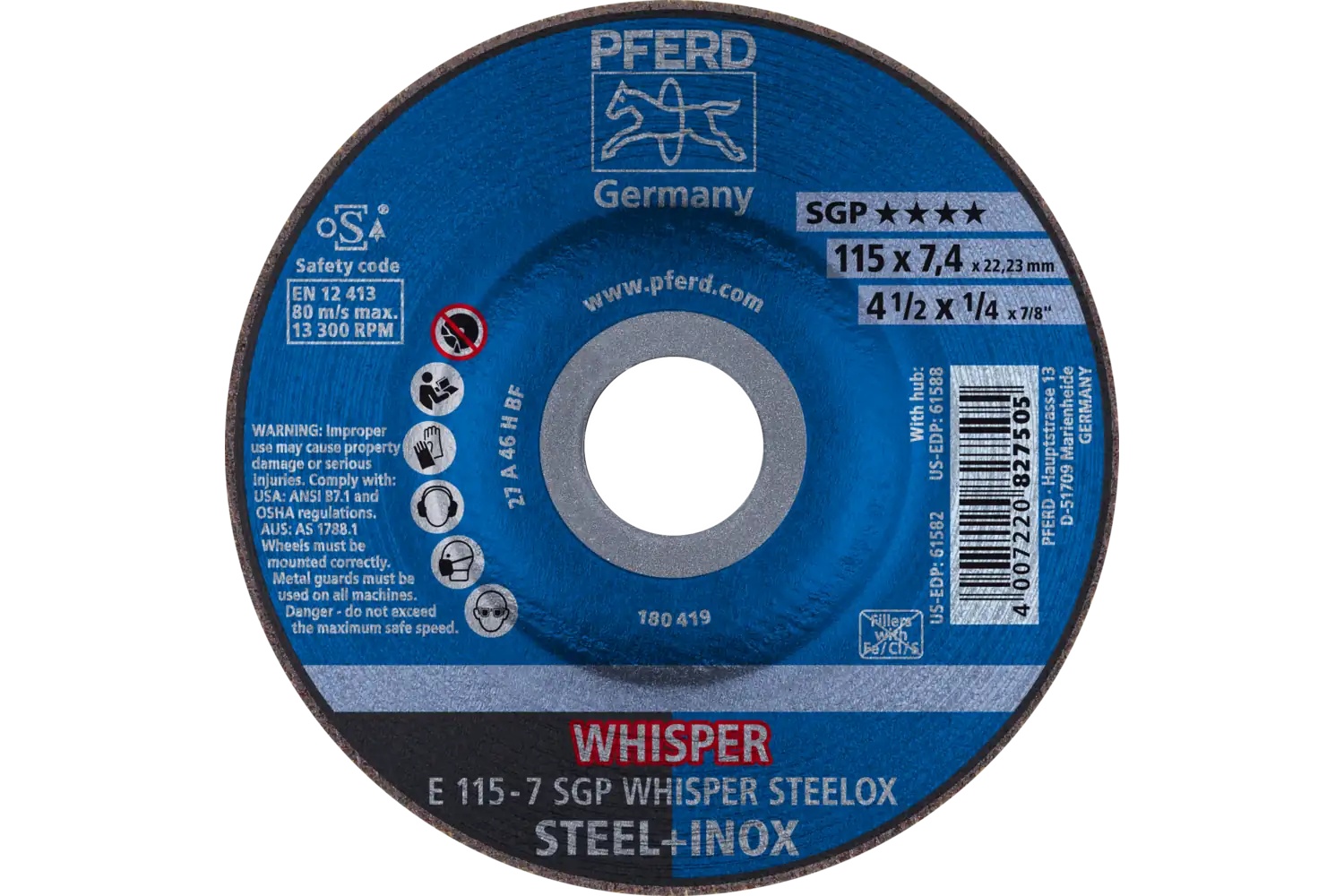 Picture of Pferd Grinding Wheel, 4-1/2" X 1/4 X 7/8, Sgp Whisper Steelox, T27, Aluminum Oxide